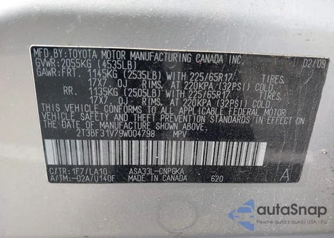 2009 Toyota Rav4 Limited z USA, uszkodzony, nr VIN 2T3BF31V79W004798